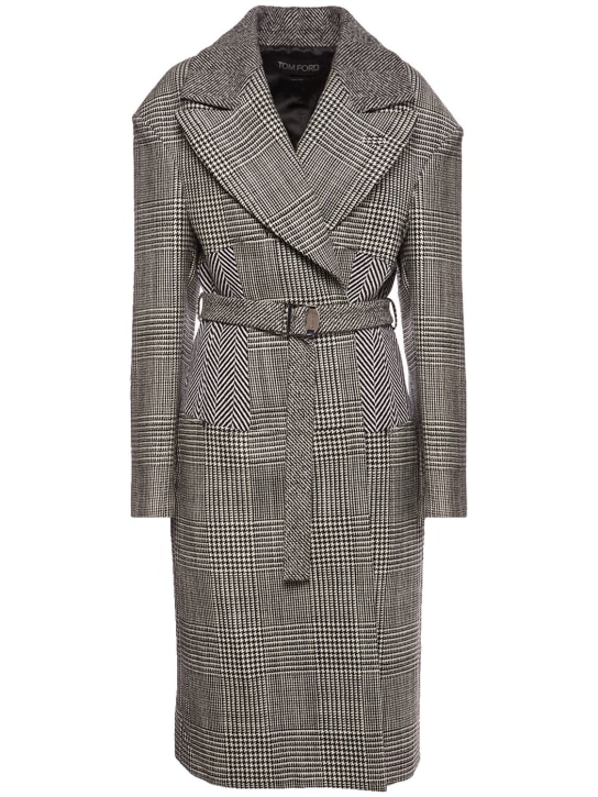 Tom Ford: Cappotto midi in lana Principe di Galles / cintura - Multicolore - women_0 | Luisa Via Roma