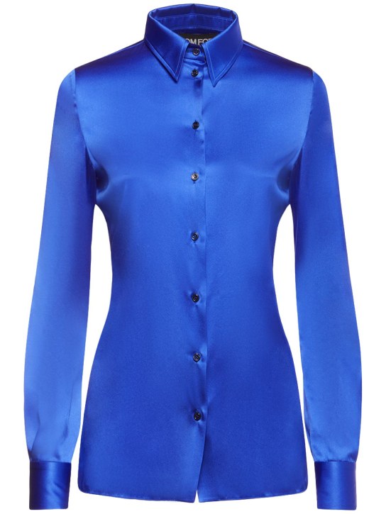 Tom Ford: Chemise ajustée en satin de soie stretch - Bleu - women_0 | Luisa Via Roma