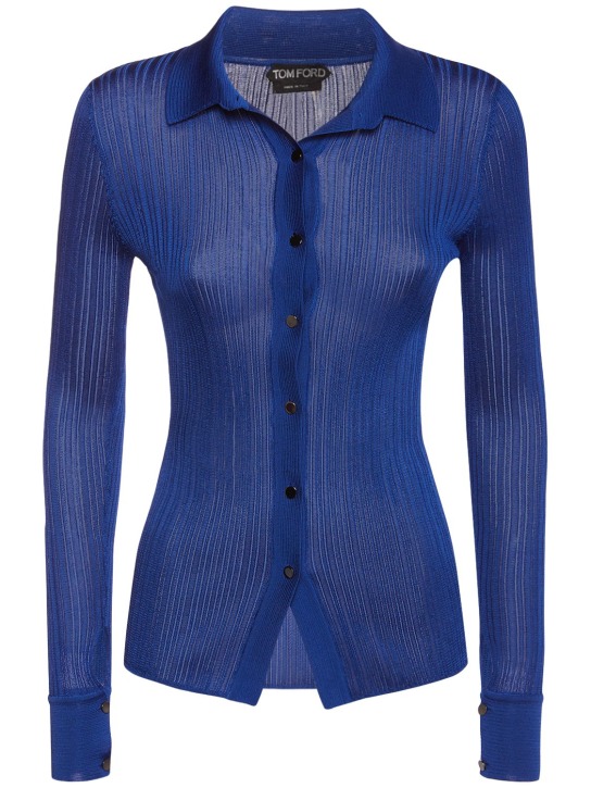 Tom Ford: Shiny rib knit polo cardigan - Blue - women_0 | Luisa Via Roma