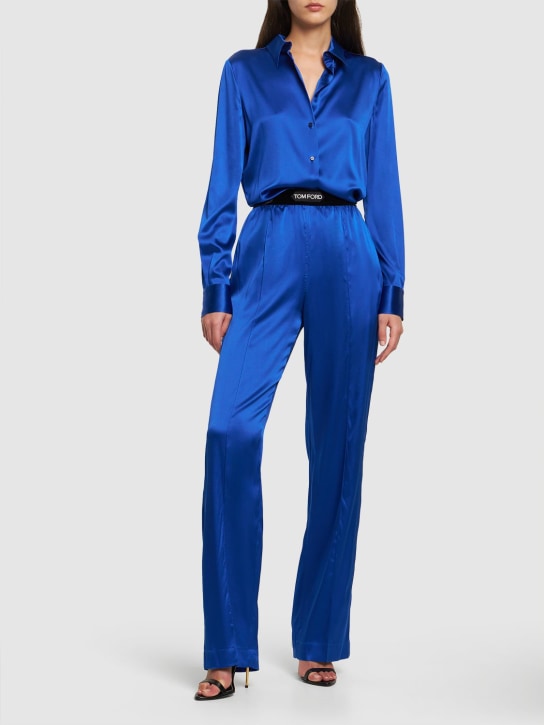 Tom Ford: Pantalon de pyjama en satin de soie à logo - Bleu - women_1 | Luisa Via Roma