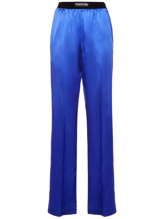 Tom Ford: Pantalon de pyjama en satin de soie à logo - Bleu - women_0 | Luisa Via Roma