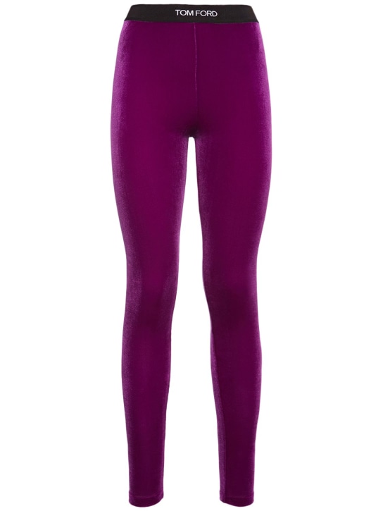 Tom Ford: 弹力天鹅绒logo紧身裤 - 紫色 - women_0 | Luisa Via Roma