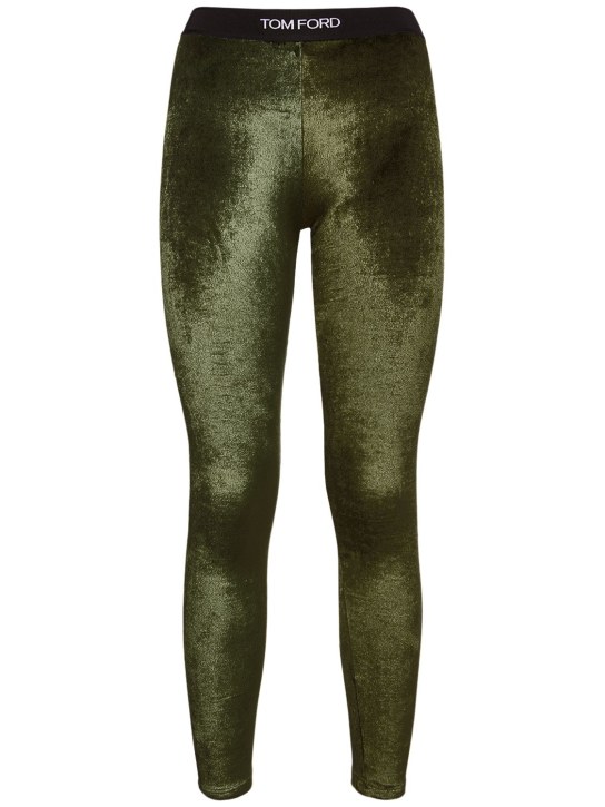 Tom Ford: Leggings de terciopelo stretch con logo - Verde Militar - women_0 | Luisa Via Roma