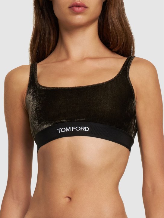 Tom Ford: 弹力天鹅绒logo文胸式上衣 - 深灰色 - women_1 | Luisa Via Roma