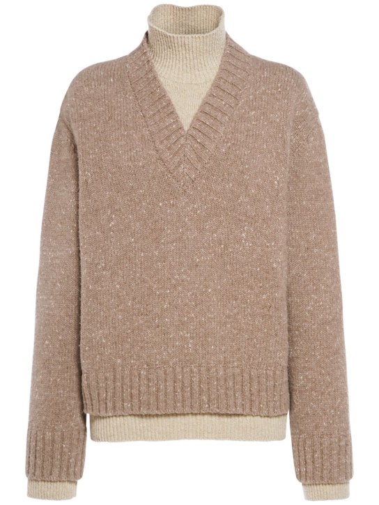 Bottega Veneta: Double layer wool sweater - Light Biscuit - women_0 | Luisa Via Roma
