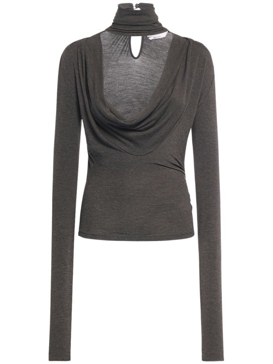 Blumarine: Long sleeve jersey draped t-neck top - Dark Grey - women_0 | Luisa Via Roma