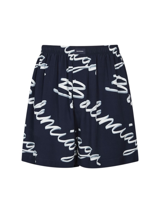 Balenciaga: All-over logo pyjamas viscose shorts - Mavi/Beyaz - men_0 | Luisa Via Roma