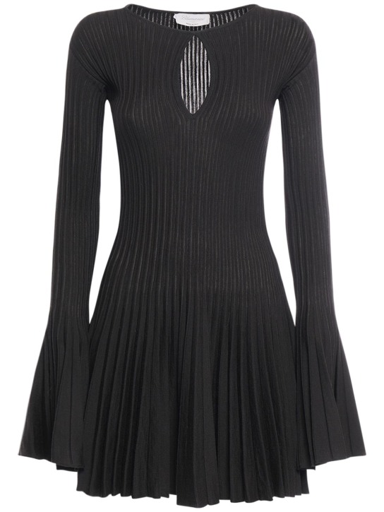 Blumarine: Pleated wool knit long sleeve mini dress - Siyah - women_0 | Luisa Via Roma