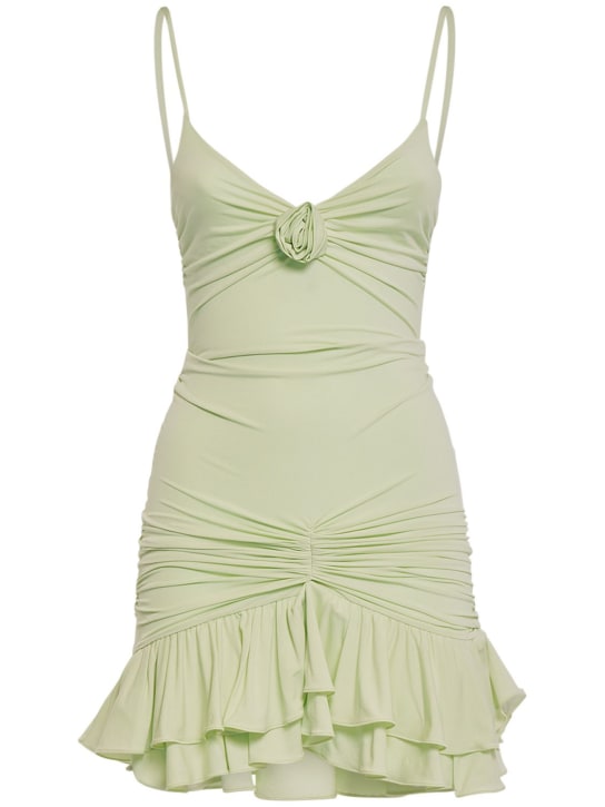 Blumarine: Jersey draped mini dress w/rose appliqué - Açık Yeşil - women_0 | Luisa Via Roma