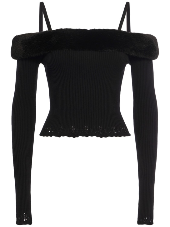 Blumarine: Off-the-shoulder faux fur knit top - Black - women_0 | Luisa Via Roma