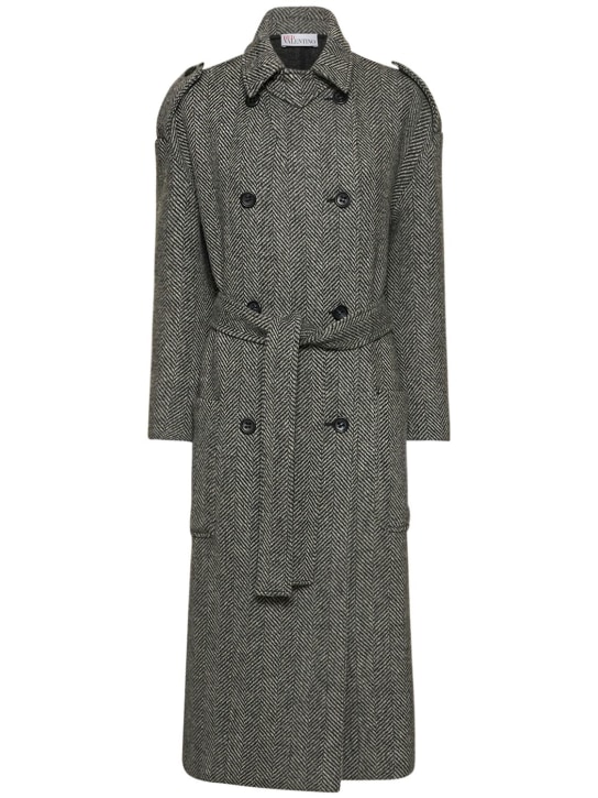 REDValentino: Manteau long en laine à chevrons avec ceinture - Gris - women_0 | Luisa Via Roma