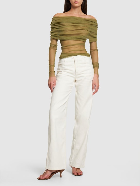 Christopher Esber: 垂褶真丝薄纱露肩上衣 - 深绿色 - women_1 | Luisa Via Roma