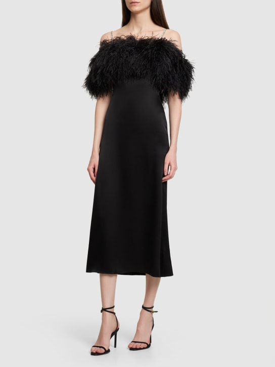 David Koma: Satin midi dress w/ feathers - Black - women_1 | Luisa Via Roma