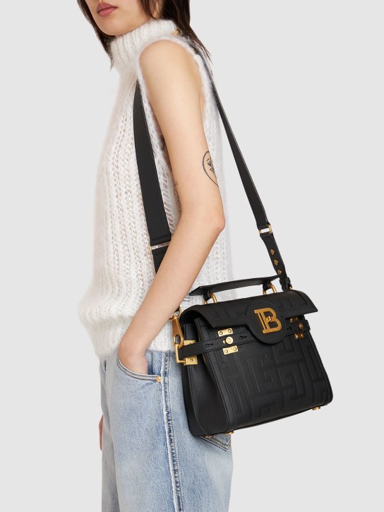 Balmain: Bbuzz 23 monogram grained leather bag - 0pa Noir - women_1 | Luisa Via Roma