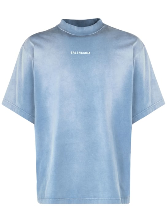 Balenciaga: T-shirt in jersey di cotone con ricamo - Blu Sbiadito - men_0 | Luisa Via Roma