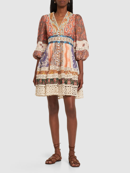 Zimmermann: Devi printed linen mini dress w/lace - Renkli - women_1 | Luisa Via Roma