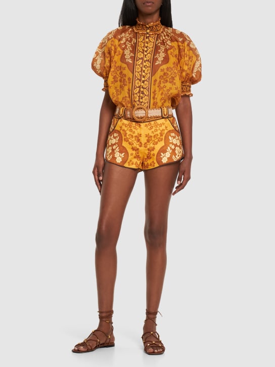 Zimmermann: Raie printed linen mini shorts - Multicolor - women_1 | Luisa Via Roma
