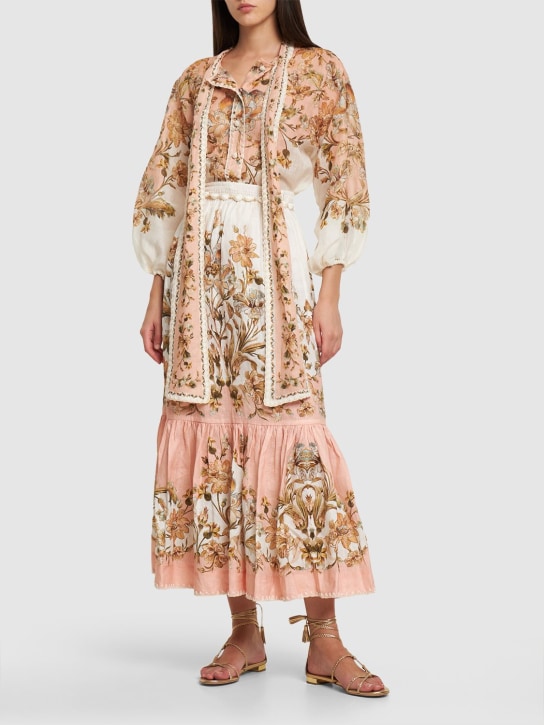 Zimmermann: Chintz printed tiered linen midi skirt - Renkli - women_1 | Luisa Via Roma