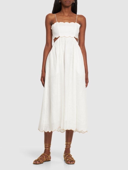 Zimmermann: Devi scalloped linen midi dress - Ivory - women_1 | Luisa Via Roma