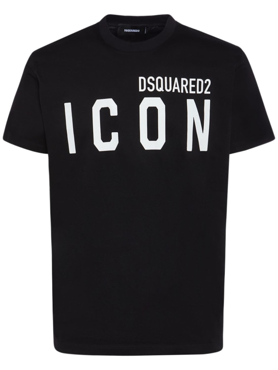 Dsquared2: 프린트 로고 코튼 티셔츠 - 블랙/화이트 - men_0 | Luisa Via Roma