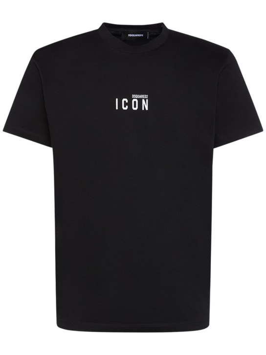 Dsquared2: T-shirt en coton imprimé logo - Noir/Blanc - men_0 | Luisa Via Roma