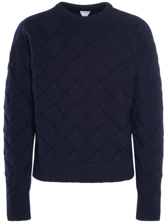 Bottega Veneta: Suéter de lana con cuello redondo - Azul Marino - men_0 | Luisa Via Roma