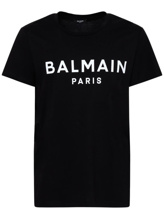 Balmain: T-shirt en coton imprimé - Noir/Blanc - men_0 | Luisa Via Roma