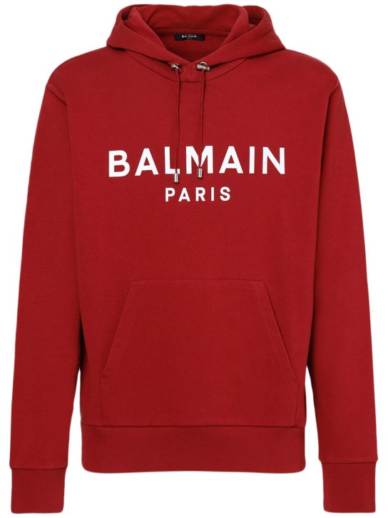 Balmain: Logo printed cotton hoodie - Bordeaux - men_0 | Luisa Via Roma