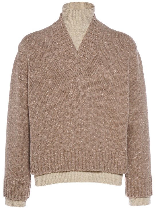 Bottega Veneta: Double layer wool knit sweater - Light Biscuit - men_0 | Luisa Via Roma