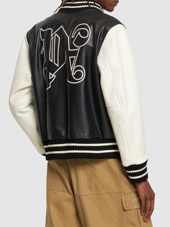 Palm Angels: Monogram classic leather varsity jacket - Siyah - men_1 | Luisa Via Roma