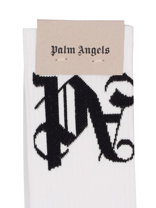 Palm Angels: Monogram cotton blend socks - Beyaz - men_1 | Luisa Via Roma