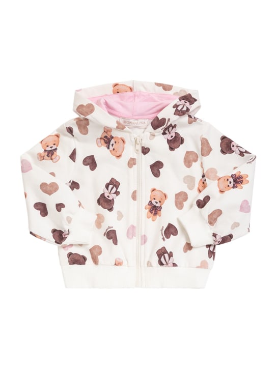 Monnalisa: Bear print cotton hoodie - Beyaz - kids-girls_0 | Luisa Via Roma