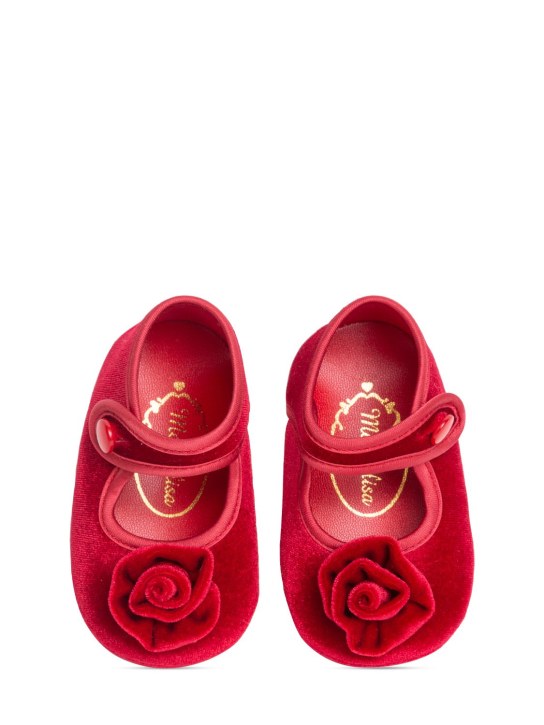 Monnalisa: 玫瑰花装饰天鹅绒芭蕾平底鞋 - 红色 - kids-girls_1 | Luisa Via Roma