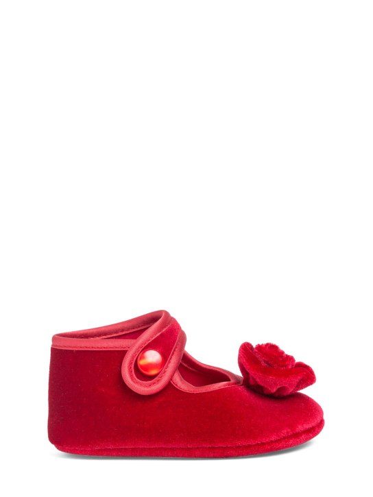 Monnalisa: 玫瑰花装饰天鹅绒芭蕾平底鞋 - 红色 - kids-girls_0 | Luisa Via Roma