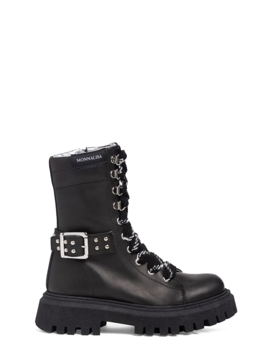 Monnalisa: Leather combat boots - Black - kids-girls_0 | Luisa Via Roma