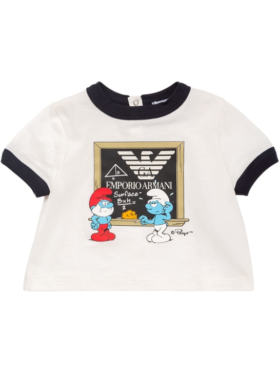 Emporio Armani: Smurfs有机棉平纹针织短袖T恤 - 白色 - kids-boys_0 | Luisa Via Roma