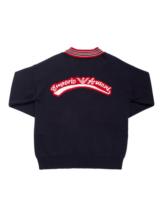 Emporio Armani: Cotton blend knit cardigan w/ logo - Lacivert - kids-boys_0 | Luisa Via Roma