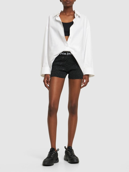 Palm Angels: Soiree viscose blend logo shorts - Siyah - women_1 | Luisa Via Roma