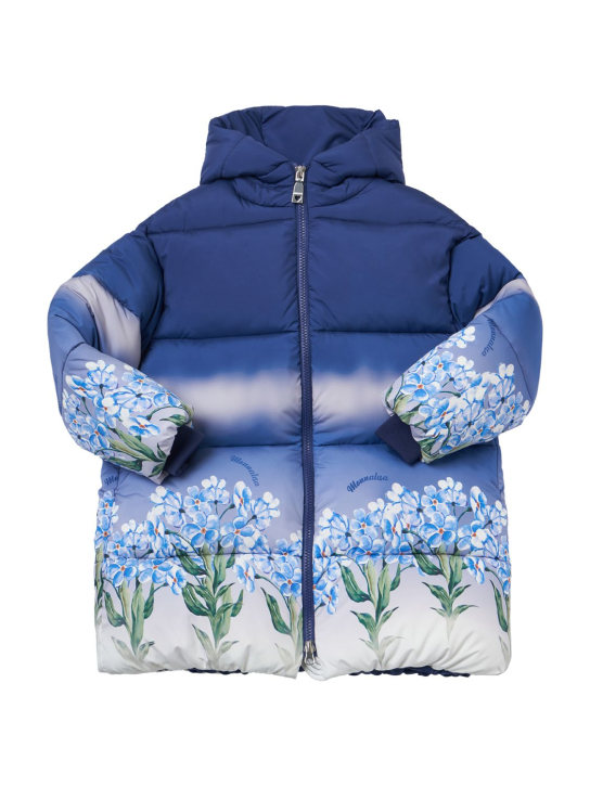 Monnalisa: Printed hooded nylon puffer coat - Mavi - kids-girls_0 | Luisa Via Roma