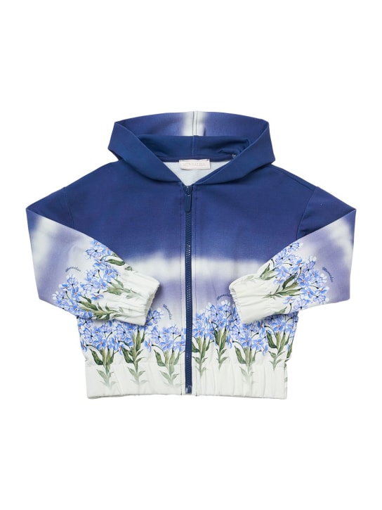 Monnalisa: Printed cotton zip hoodie - Mavi/Beyaz - kids-girls_0 | Luisa Via Roma