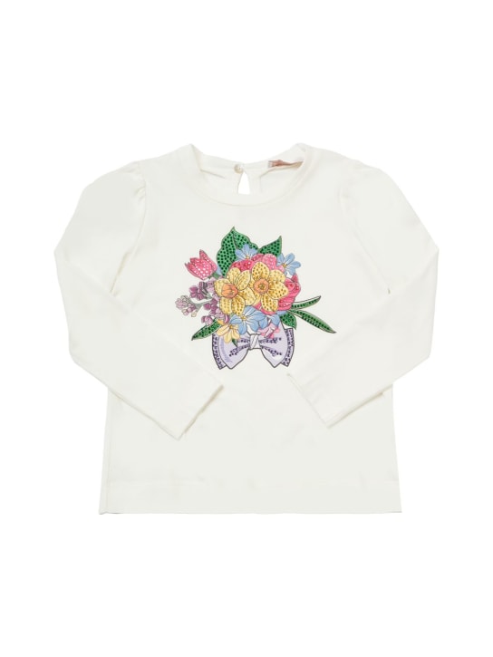 Monnalisa: Flower printed cotton jersey t-shirt - Beyaz - kids-girls_0 | Luisa Via Roma