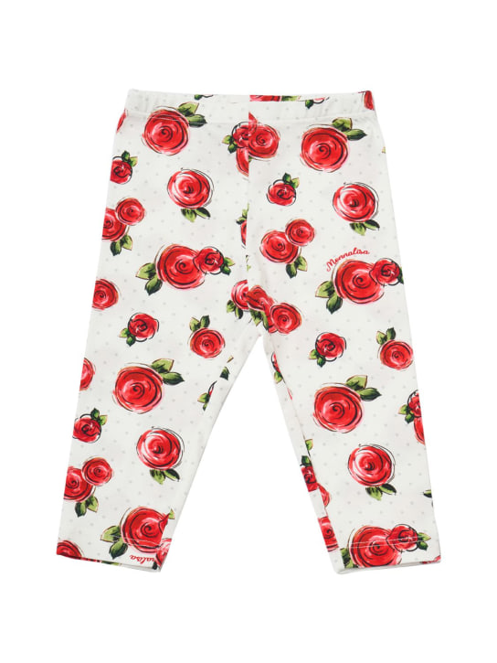 Monnalisa: Rose print cotton jersey leggings - Beyaz/Kırmızı - kids-girls_0 | Luisa Via Roma