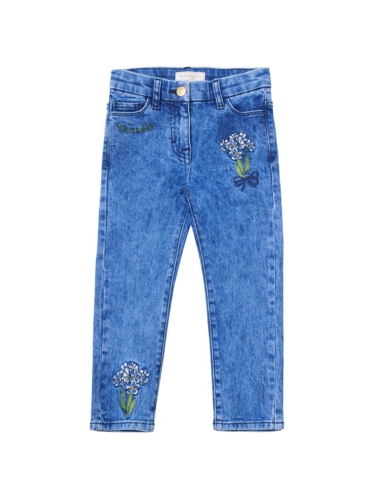 Monnalisa: Jeans in denim di cotone stretch con patch - Denim - kids-girls_0 | Luisa Via Roma