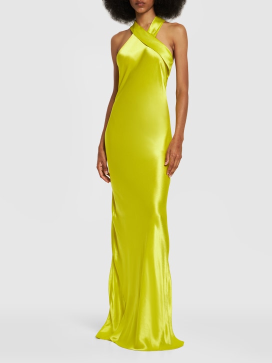 Galvan: Robe longue en satin à col croisé Pandora - Jaune Citron - women_1 | Luisa Via Roma