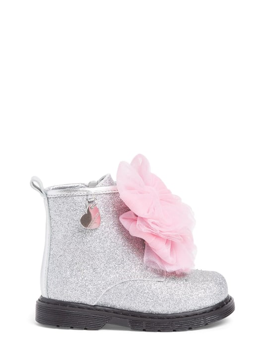 Monnalisa: Stivali glitter con zip e fiocco in tulle - Argento - kids-girls_0 | Luisa Via Roma
