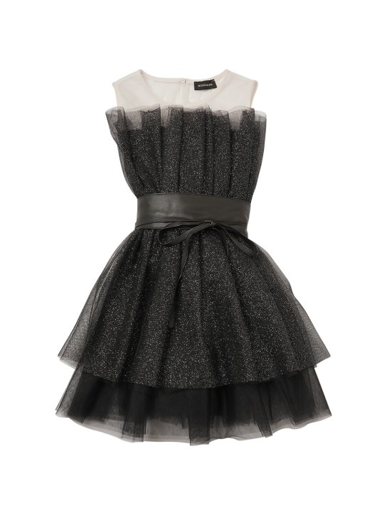 Monnalisa: Glittered tulle dress w/ belt - Siyah/Beyaz - kids-girls_0 | Luisa Via Roma