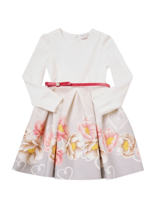 Monnalisa: Flower print brocade midi dress w/ belt - Renkli - kids-girls_0 | Luisa Via Roma