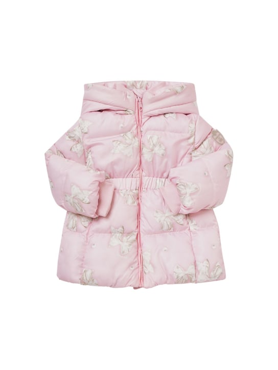 Monnalisa: Bow print hooded nylon puffer jacket - Pink - kids-girls_0 | Luisa Via Roma