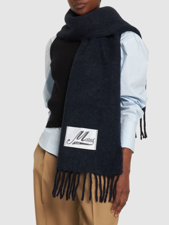 Marni: Fringed alpaca blend scarf w/logo - Blueblack - women_1 | Luisa Via Roma