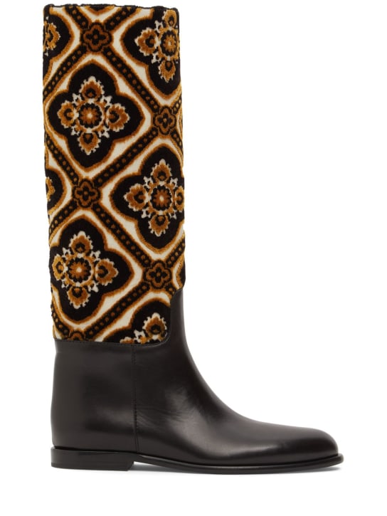Etro: 10mm Leather & jacquard tall boots - Black/Multi - women_0 | Luisa Via Roma